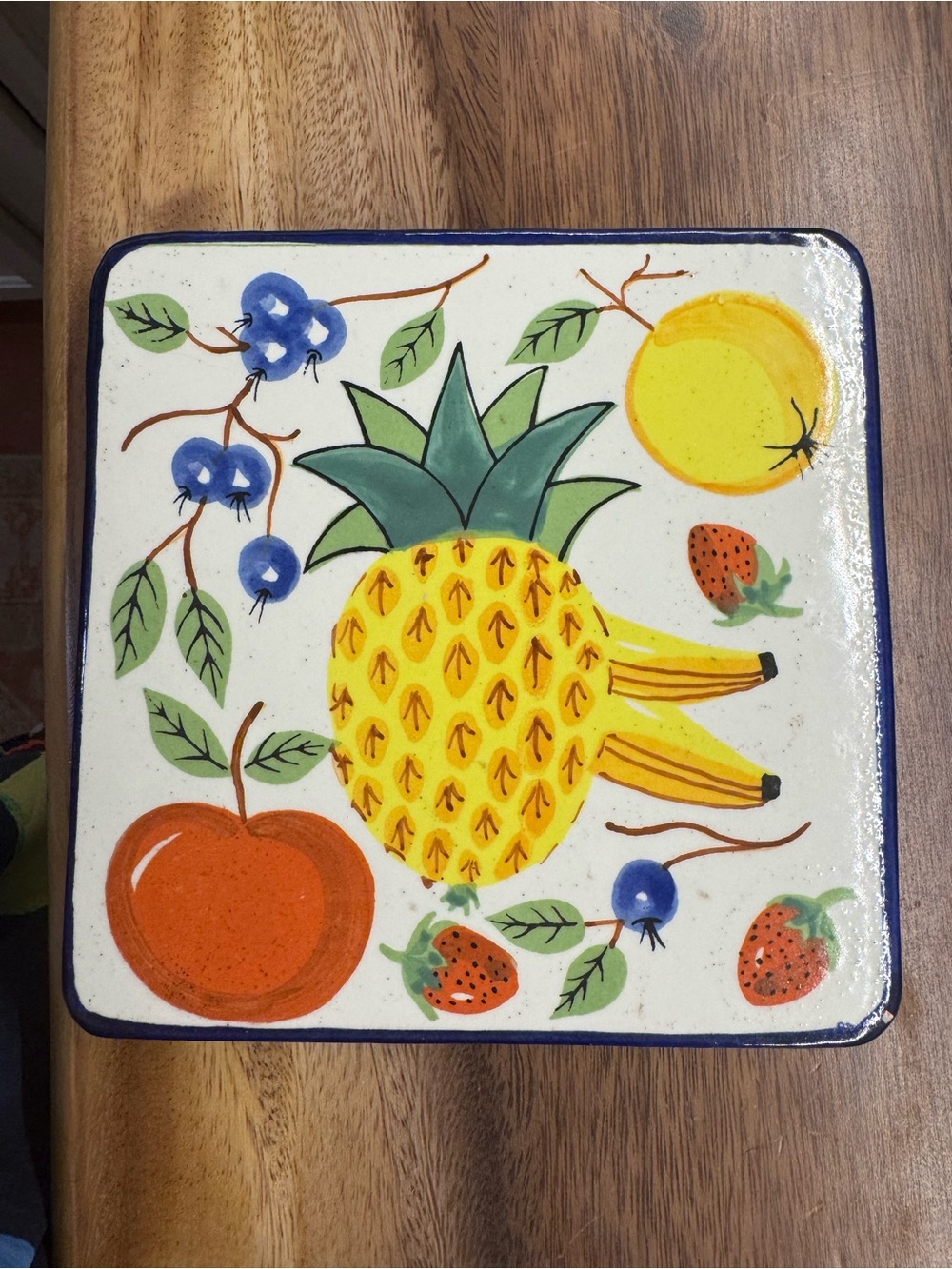Festive Hand-Painted VTG Pineapple Fruit Tile/ Trivet Folk Art - Yellow & Green